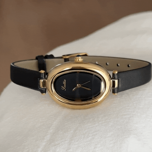 Classic Women’s Fashion Watch – Black Leather Strap with Gold Oval Bathtub Case
