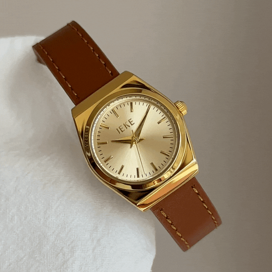 Brown Women Round Dial Watch Genuine Leather Strap Gold Case Quartz Autumn Winter – Solace