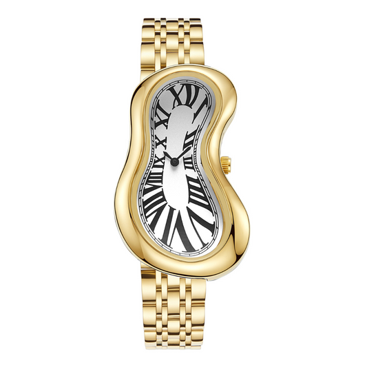 Futuristic Gold Strap Women’s Quartz Watch – Unique White Irregular Dial Ladies Wristwatch
