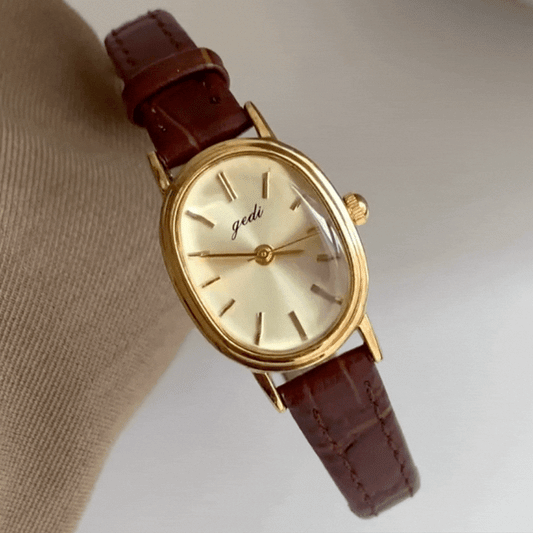 Autumn Muse – Women’s Oval Gold Watch with Brown Leather Band