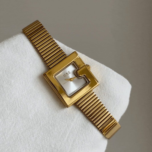 Gold Women Square Dial Watch Textured White Small G Face Quartz – Ivory