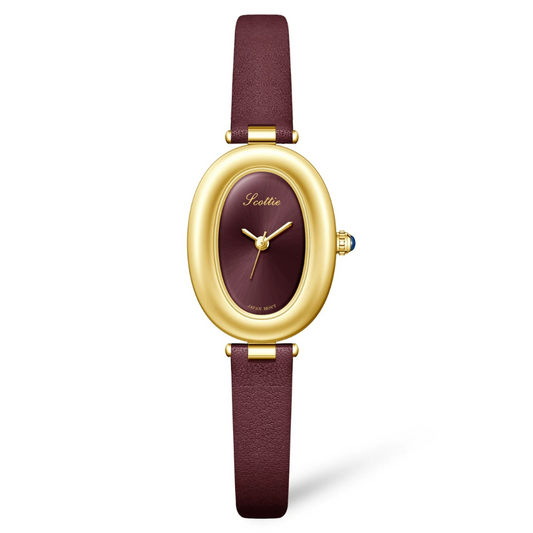Elegant Women’s Fashion Watch – Red Leather Strap with Gold Oval Bathtub Case