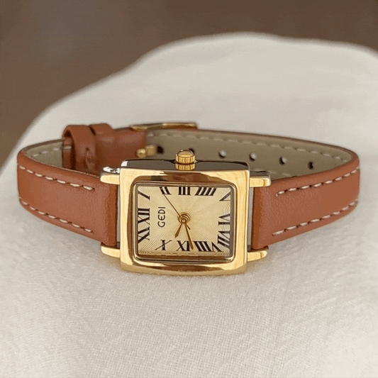 Vintage Women’s Waterproof Quartz Watch – Brown Leather Strap with Gold Rectangular Case