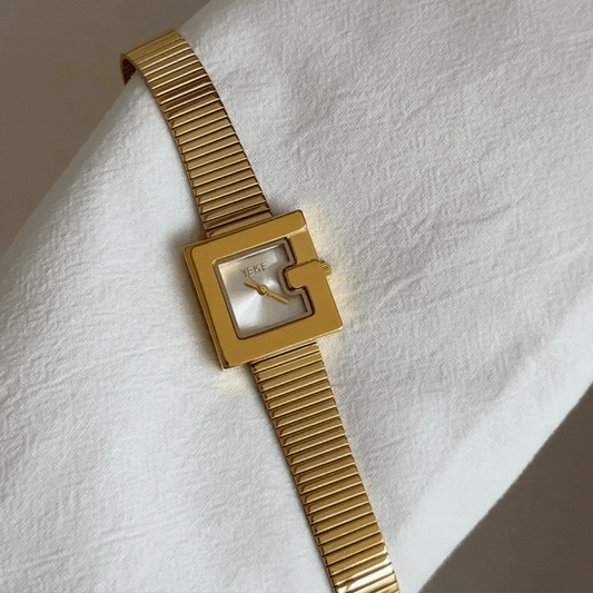 Gold Women Square Dial Watch Textured White Small G Face Quartz – Ivory
