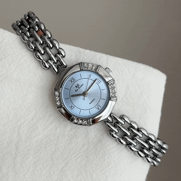 French Vintage Silver Bracelet Women’s Quartz Watch – Blue Roman Numeral Octagon Case Ladies Wristwatch