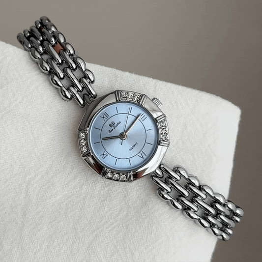 French Vintage Silver Bracelet Women’s Quartz Watch – Blue Roman Numeral Octagon Case Ladies Wristwatch
