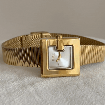 Gold Women Square Dial Watch Textured White Small G Face Quartz – Ivory
