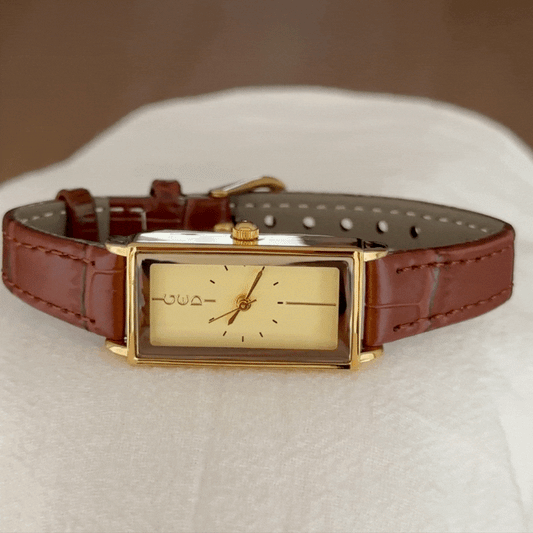 Vintage Women’s Quartz Watch – Brown Leather Strap with Gold Rectangular Case