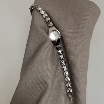 Women's Quartz Watch – Silver Beaded Bracelet Style with Irregular Case and Small Round Dial