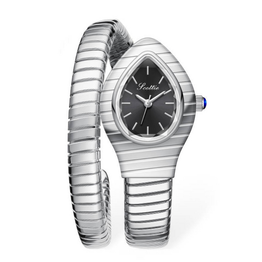 Women's Quartz Watch – Silver Bangle Style with Black Serpenti Wrap Design