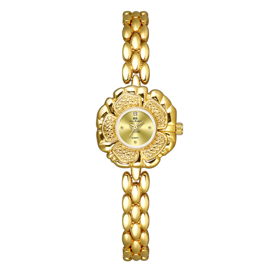 Vintage Gold Camellia Dial Bracelet Women’s Quartz Watch – Retro Jewelry-Inspired Ladies Wristwatch
