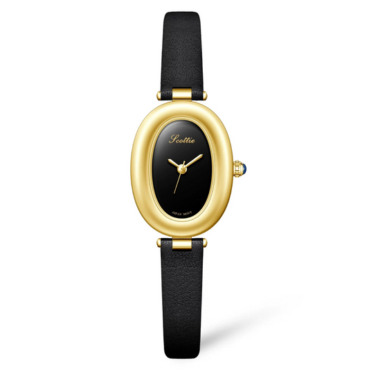 Classic Women’s Fashion Watch – Black Leather Strap with Gold Oval Bathtub Case