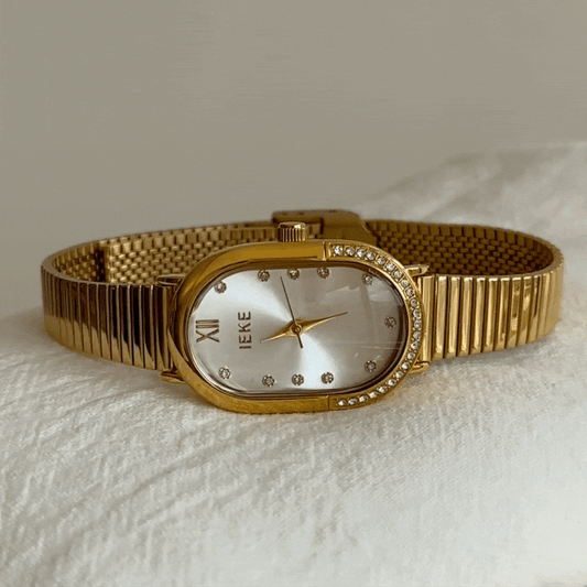 Gold Women Oval Dial Watch Diamond-Set Case Classic French Style White Face Quartz – Belle