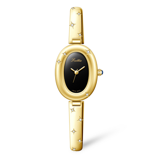 Gold Women’s Bangle Watch – Oval Tub Dial Watch Bracelet with Star-Engraved Design | Starlight