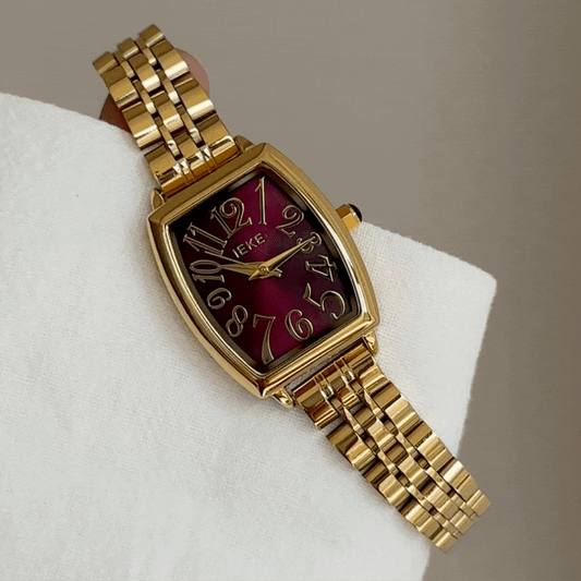 Gold Women Tonneau Case Watch Red Dial Strap Quartz French Vintage Style – Rouge