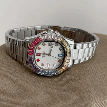 Silver Bracelet Quartz Watch for Women – Colorful Gem-Set Case & Bold Dial, Dopamine Chic
