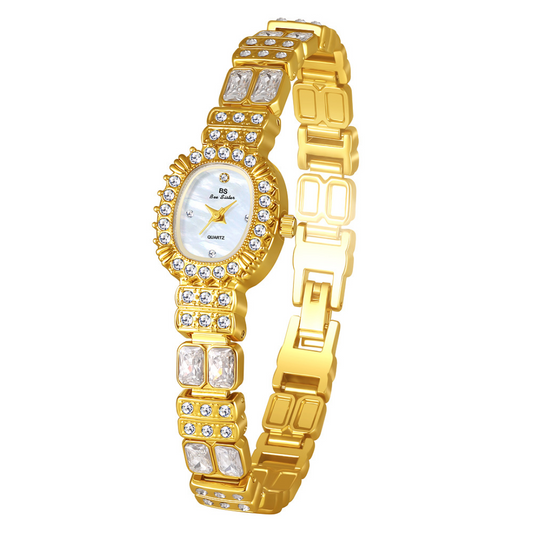 Gem-Embellished Gold Bracelet Watch with White Oval Small Dial – Women’s Quartz Watch