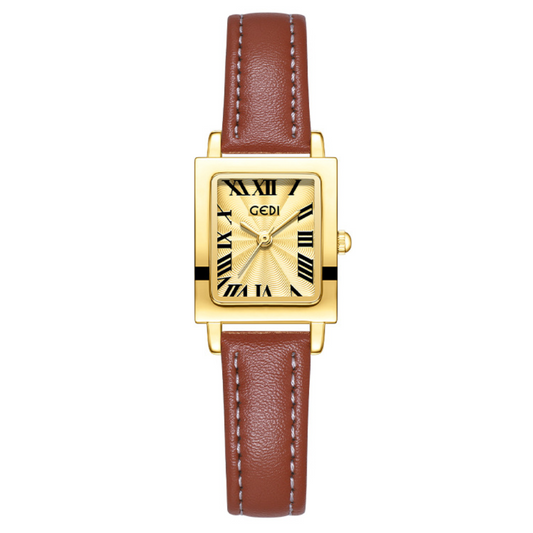 Vintage Women’s Waterproof Quartz Watch – Brown Leather Strap with Gold Rectangular Case