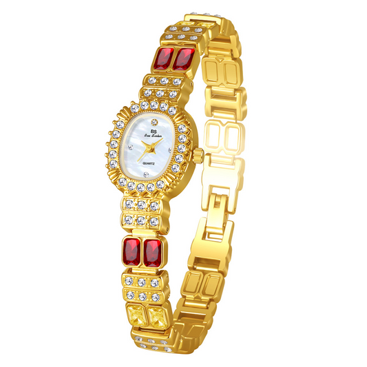 Gold Women Oval Dial Watch Ruby Starry Sky Inlay Bracelet Style White Face Quartz Vintage Light Luxury Exquisite – Celestia