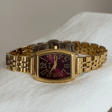 Gold Women Tonneau Case Watch Red Dial Strap Quartz French Vintage Style – Rouge