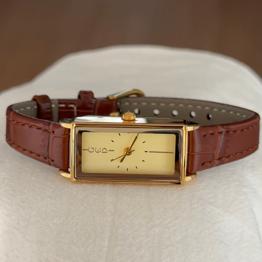 Vintage Women’s Quartz Watch – Brown Leather Strap with Gold Rectangular Case