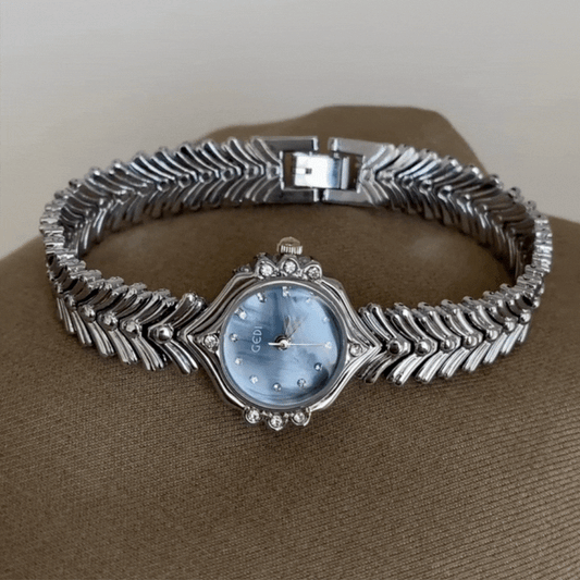 Women's Quartz Watch – Blue Mother-of-Pearl Dial with Crystals & Vintage Mermaid-Tail Strap