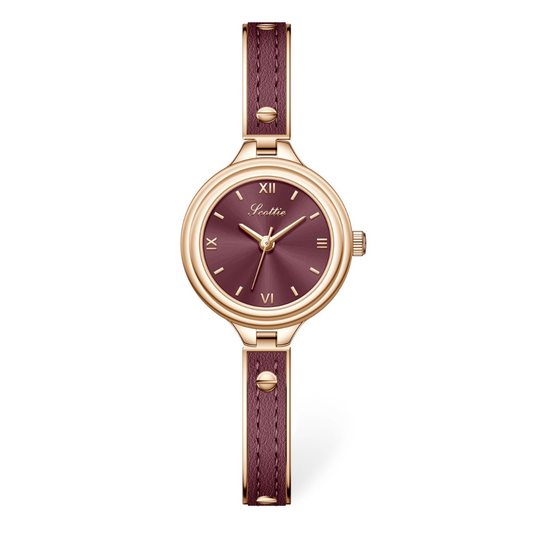 Red Women Watch Leather Gold Case Red Round Dial Women's Leather Watch