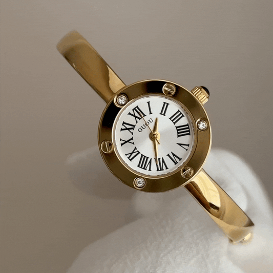 Fashion Elegant Gold Bangle Women’s Quartz Watch – White Round Dial Ladies Wristwatch
