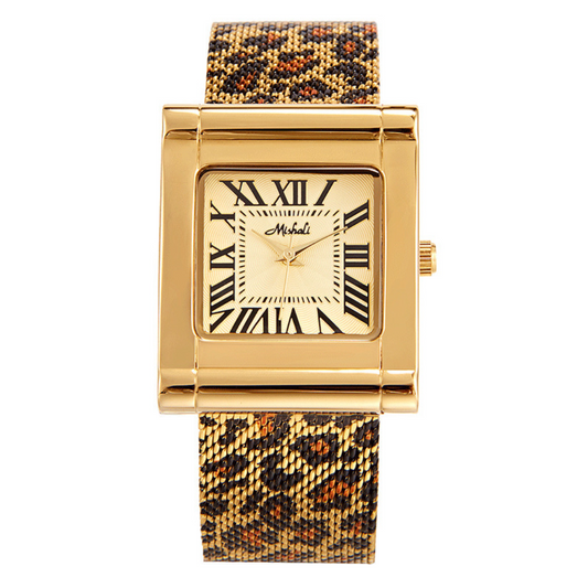 Vintage glam hodinky: Leopard Steel Band Gold Watch