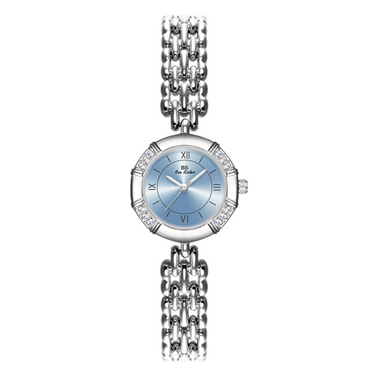 French Vintage Silver Bracelet Women’s Quartz Watch – Blue Roman Numeral Octagon Case Ladies Wristwatch
