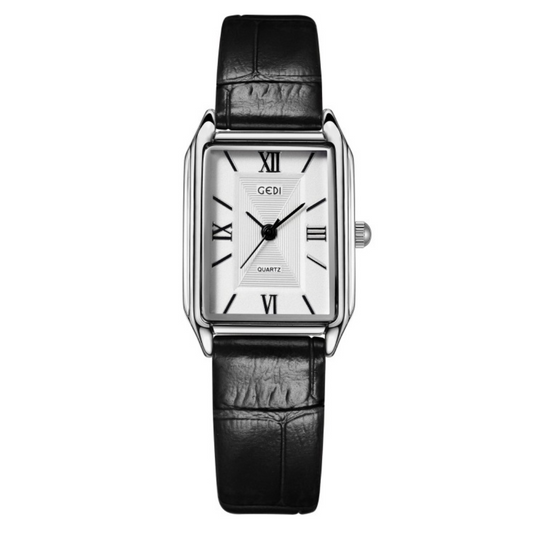 Silver Rectangular Quartz Watch for Women – White Roman Dial & Black Leather Strap