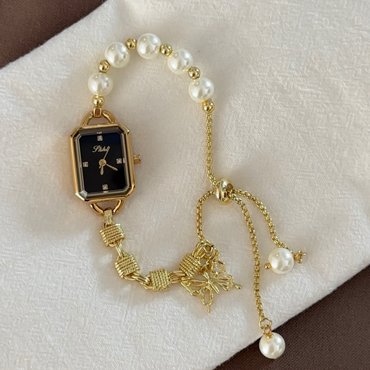 Luxury Pearl Bracelet Watch with Black Rectangular Dial – Women’s Quartz Watch