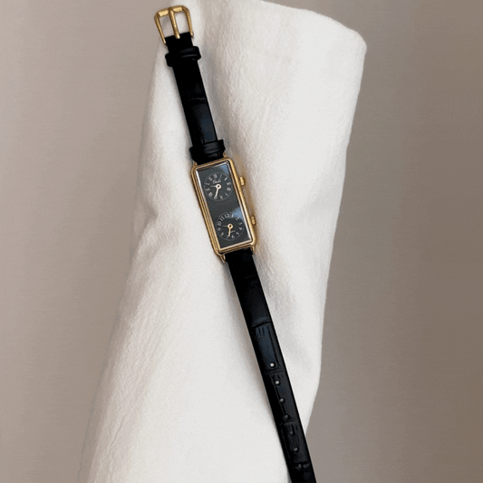 Black Women's Dual Dial Watch | Rectangle Black Face | Leather Strap | Elegant Minimal – Noir