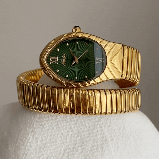 Luxury Gold Serpenti Wrap Women’s Quartz Watch with Flexible Bracelet & Unique Green Dial