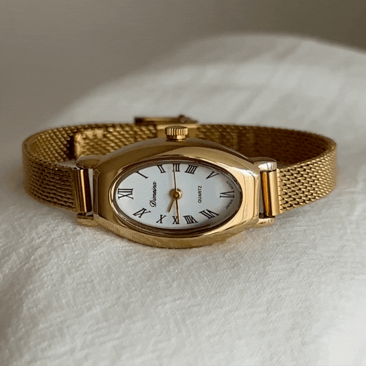 Gold Women Oval Dial Watch Mesh Strap White Face Quartz Vintage Exquisite Style – Doré