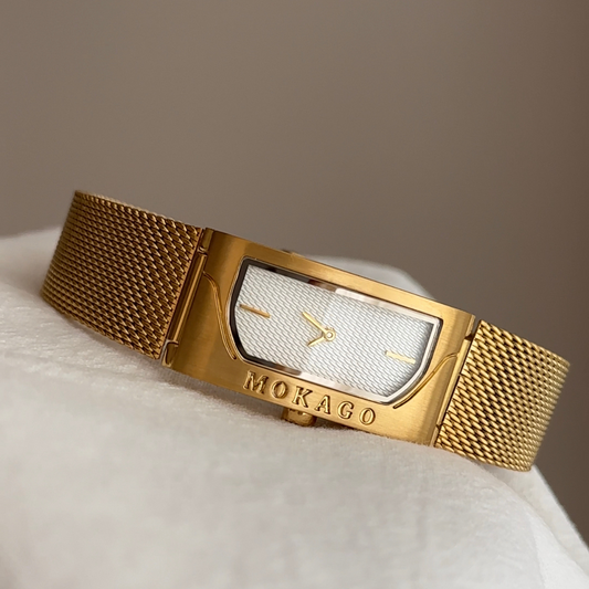 Gold Women’s Bangle White Rectangular Dial Quartz Watch Futuristic Minimalist Style – Aurora Edge