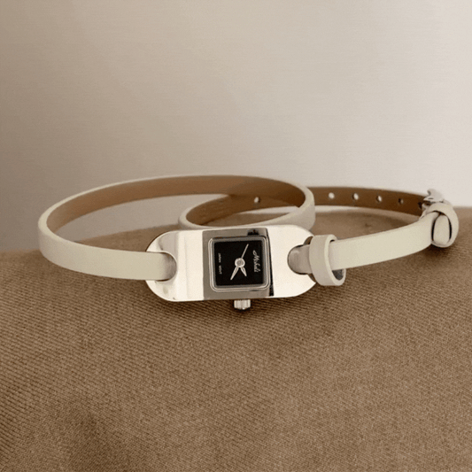Fashion Women’s Quartz Watch – Black Small Dial with Silver Case and White Wrap-Around Leather Strap