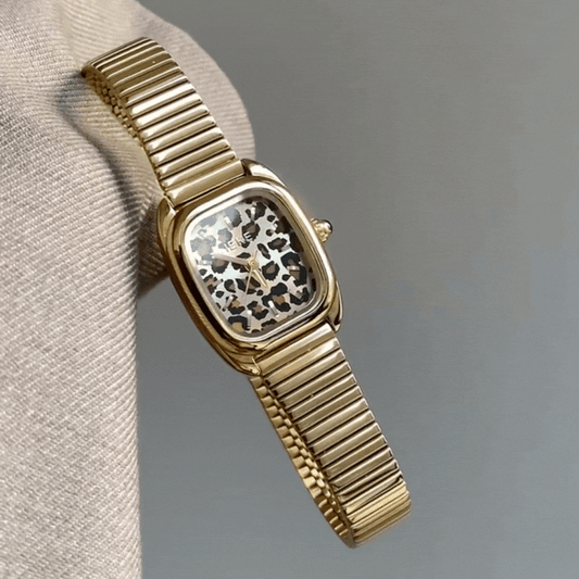Elegant Women’s Quartz Watch – Gold Bamboo Link Strap with Rectangular Leopard Print Dial