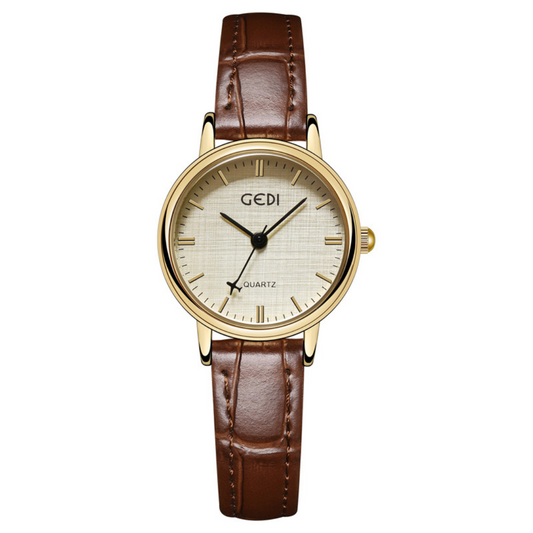 Elegant Women’s Quartz Watch – Brown Leather Strap with Gold Round Case and Airplane Second Hand