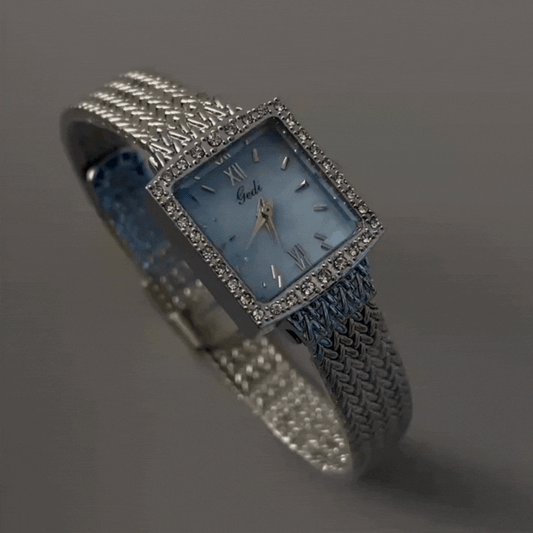 Frosted Blue Timepiece: Square Mother-of-Pearl and Diamond Mesh Band Watch