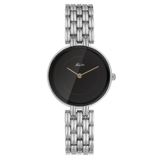 Minimalist Women’s Quartz Watch – Silver Wide Band with Large Black Round Dial