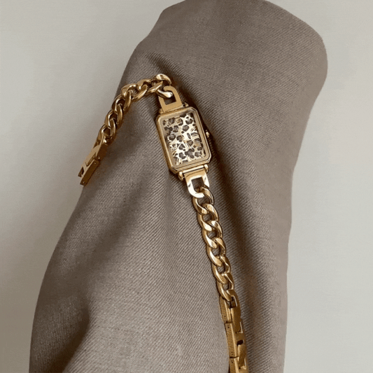 Fashion Women’s Quartz Watch – Gold Chain Bracelet with Rectangular Leopard Print Dial