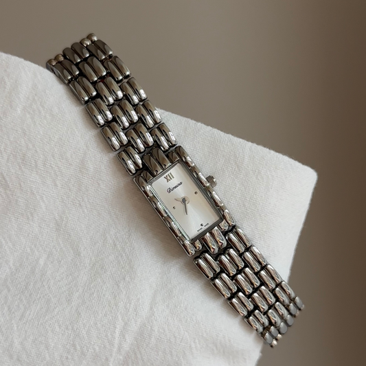 Silver Women Rectangular Dial Watch Strap White Face Quartz Minimalist Style – Alba