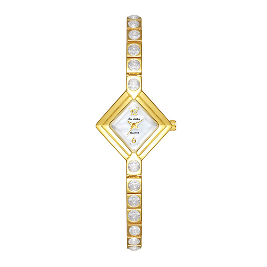 Elegant Gold Bracelet Watch with Diamond-Accented White Rhombus Dial – Women’s Quartz Watch