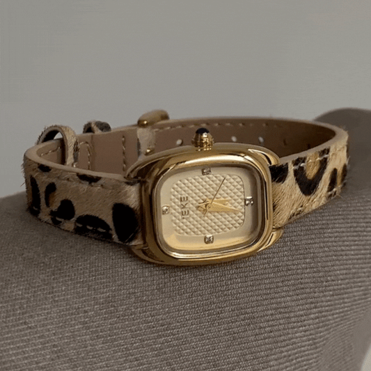 Women’s Quartz Watch – Leopard Print Strap with Rectangular Gold Checkered Case