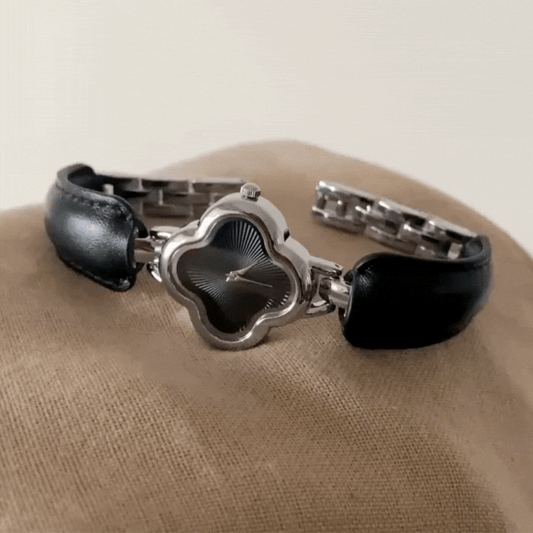 Midnight Clover: Black Leather Bracelet Quartz Watch