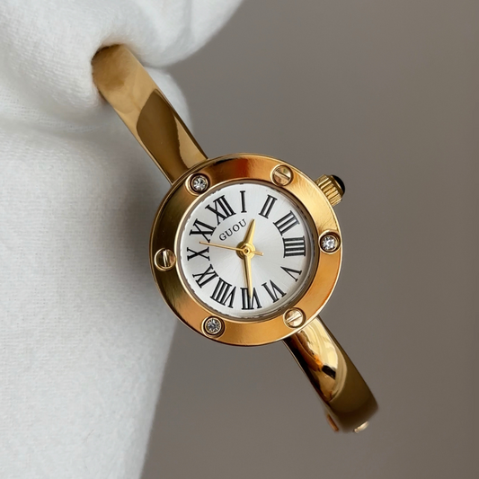 Fashion Elegant Gold Bangle Women’s Quartz Watch – White Round Dial Ladies Wristwatch