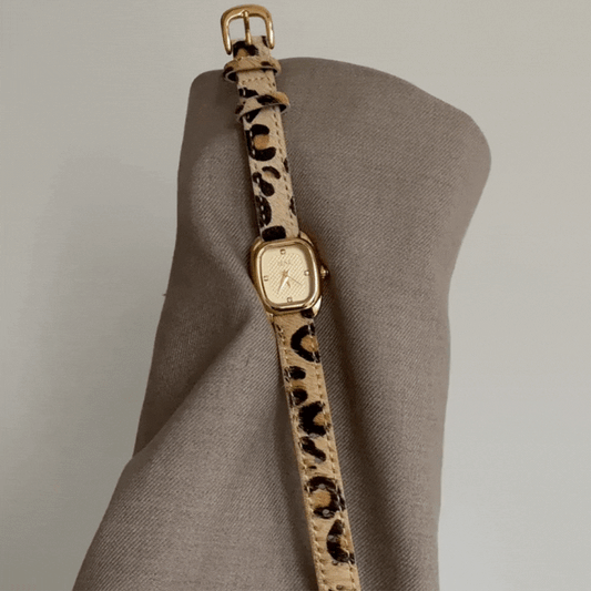 Women’s Quartz Watch – Leopard Print Strap with Rectangular Gold Checkered Case