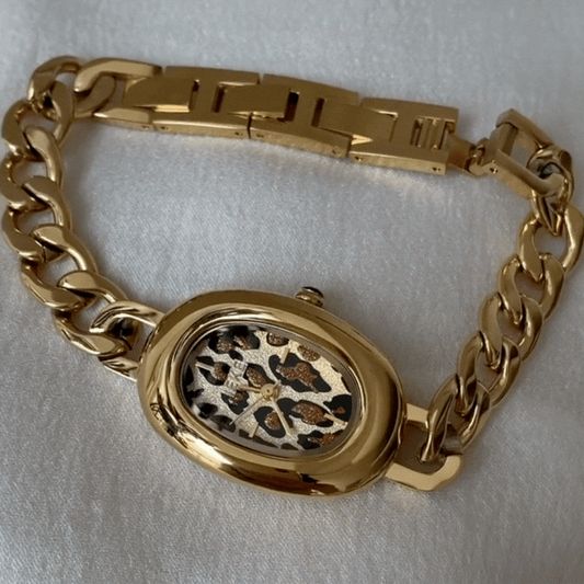 Leopard Luxe – Gold Oval Bracelet Watch for Women