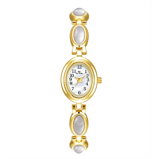 Gold Women Oval Dial Watch Bracelet Style White Jade Inlay Small White Face Quartz – Opaline